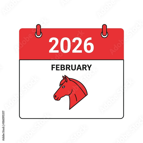 2026 February Calendar Vector with Red Horse Icon Design