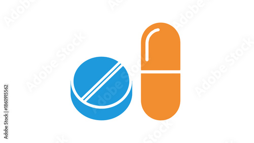 Simple Vector Icon of a Blue Tablet and an Orange Pill Capsule on White Background