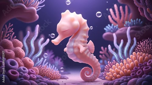 Adorable cartoon seahorse explores a vibrant underwater coral garden scene.