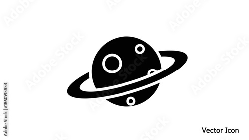 Stylized black and white vector icon of a ringed planet in space