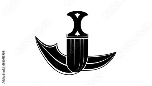 Stylized black silhouette of a curved dagger with intricate handle details
