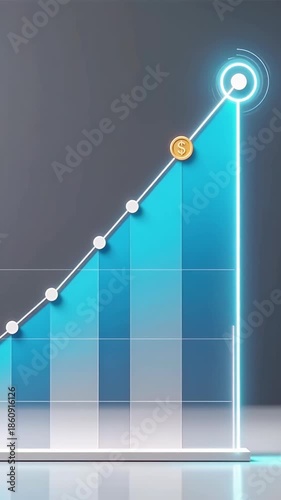 3D animation of dollar coin rising on blue financial growth chart, symbolizing financial growth, profit, and economic success. Vertical video