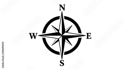 A black and white icon of a compass rose indicating cardinal directions north south east west
