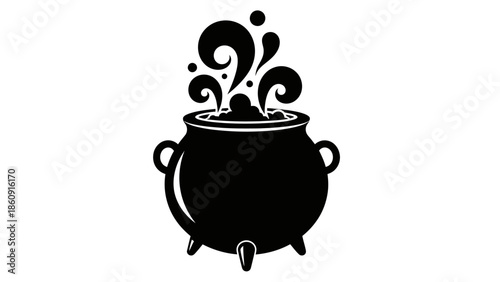 A black silhouette of a bubbling cauldron on a white background
