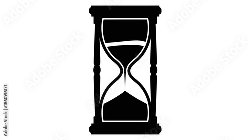 A black and white silhouette of an hourglass with sand flowing