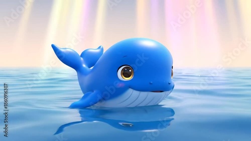Cute Blue Cartoon Whale Swimming Happily in the Ocean with Beaming Sunlight, Adorable Marine Life Animation.