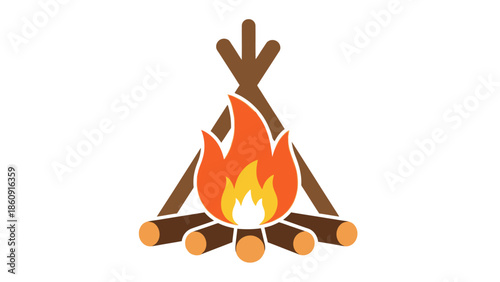 A simplistic campfire icon with burning flames and logs on a white background