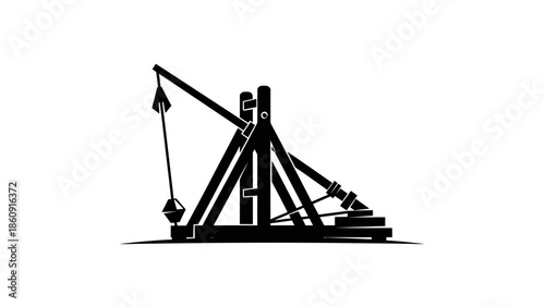 A stark black silhouette of a medieval trebuchet weapon on a white background