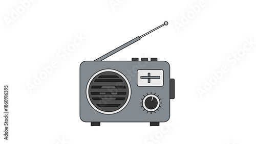 A vintage grey portable radio with an extendable antenna and tuning dial