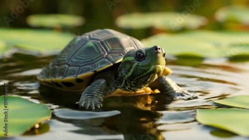 Small turtle basking in the sun on a lily pad in a calm pond, enjoying the peaceful natural environment.