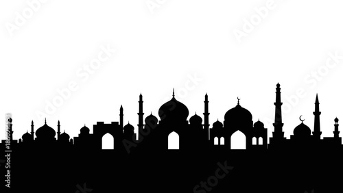 Black silhouette of a majestic mosque skyline with domes and minarets against a white background