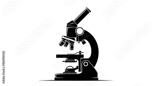 Black silhouette of a scientific microscope on a white background