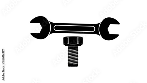 Black Silhouette of a Wrench and Bolt on a White Background for Mechanical Purposes