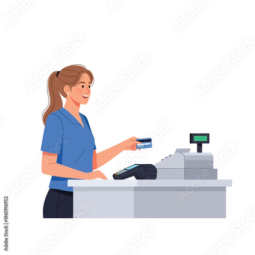 A woman making a payment with a credit card at a checkout counter.