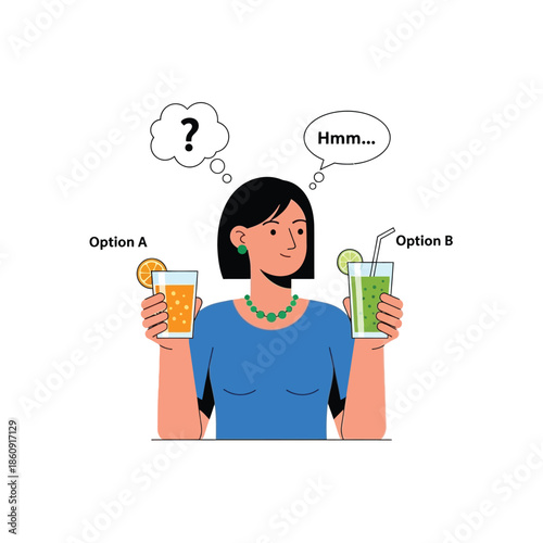 A woman considering two drink options in her hands with a thoughtful expression