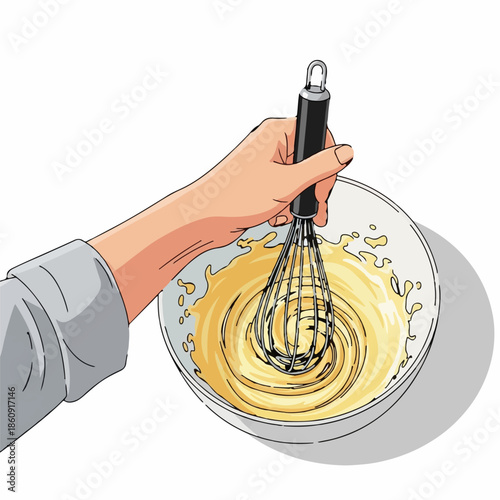 A hand holding a whisk mixes a bowl of yellow mixture in a kitchen environment