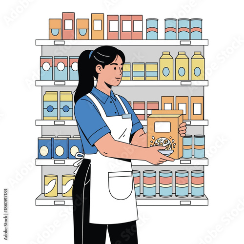 A woman in an apron examining a box on a grocery store shelf