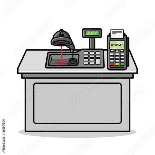 Illustration of a cash register system with a card reader and payment terminal on a counter