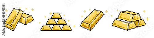 Set of gold bars pixel vector for treasure games. Ideal for wealth, banking, currency, bullion, and retro 8-bit economy assets.