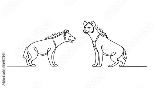 One continuous line illustration of an Hyenas , isolated on white background.