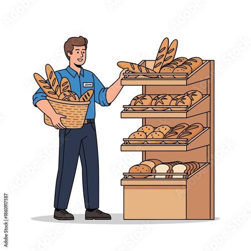 Baker arranging fresh bread on shelves in a bakery