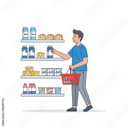 Man Shopping for Dairy Products in a Grocery Store Aisles