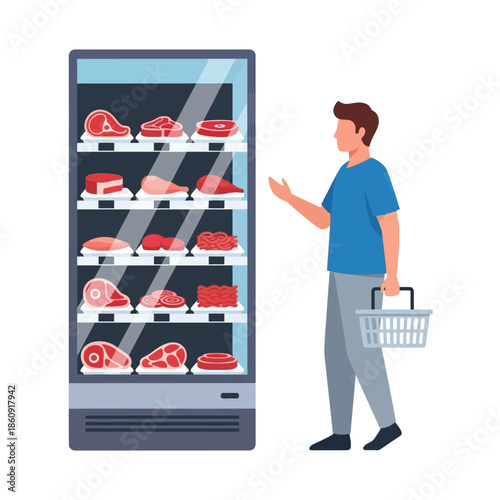 Shopper Selecting Various Cuts of Fresh Raw Meat from Chiller Cabinet Display in a Supermarket