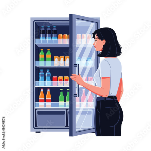 Young Woman Selecting Refreshing Beverages from a Modern Refrigerator at Home