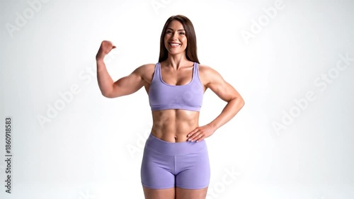 Muscular woman in lavender sportswear strikes a pose, arms outstretched, against a white backdrop