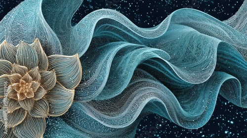 Abstract Golden Head Sculpture Surrounded by Flowing Blue Particles and Glittering Light Particles