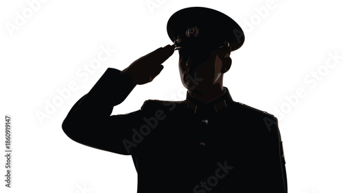 Silhouette of High Ranking Military Officer in Uniform and Cap Performing a Respectful Hand Salute Isolated on a White Background (Exactly 20 words)