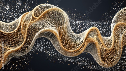 Abstract Golden Particles Flowing Wave On Dark Background Dynamic Movement Elegant Sparkle
