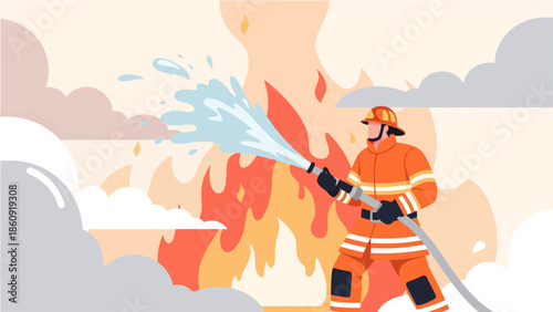 Firefighter battling a fierce fire with a powerful hose in a dramatic scene