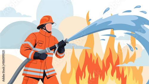 Firefighter in action battling large fire with powerful water jet from hose