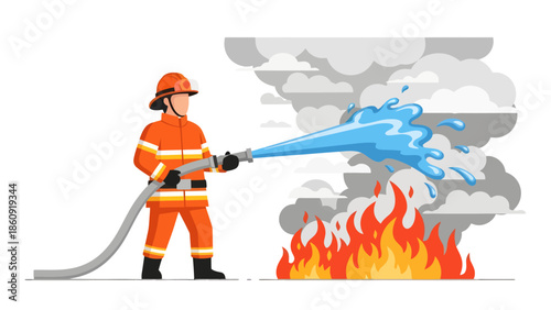 Firefighter in action fighting flames with a powerful water hose in an emergency response scene