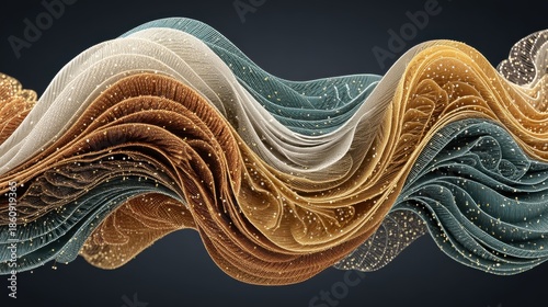 Abstract Golden Teal and White Wavy Structure with Glittering Particles and Dark Background