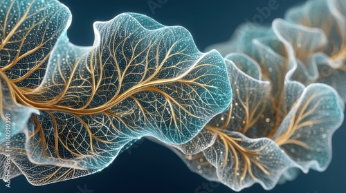 Abstract Golden Veins Within Translucent Teal Organic Flowing Structure