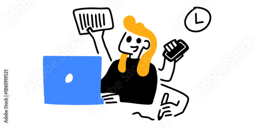 Multitasking work illustration vector for busy office concepts. Ideal for productivity, juggling tasks, stress, and efficient employee characters.