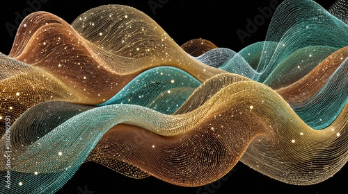 Abstract Golden Teal Wavy Structures With Glittering Particles On Black Background