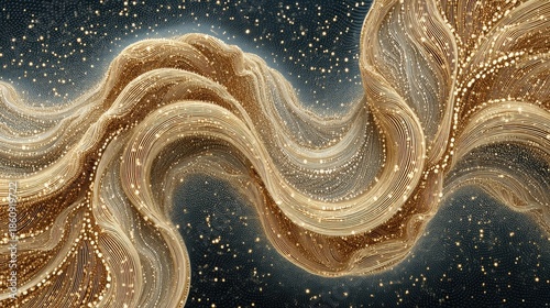 Abstract Golden Wavy Fabric With Sparkling Particles Against Dark Background