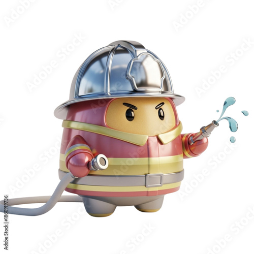 Adorable and determined cartoon firefighter character wearing a shiny silver helmet while spraying water from a hose with focused expression against a black background isolate