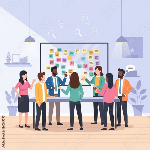 Diverse team of business professionals collaborating enthusiastically around a whiteboard covered in colorful sticky notes during an important brainstorming and project planning meeting indoors