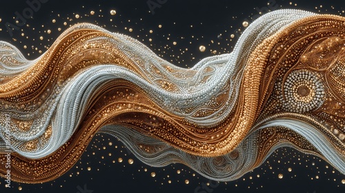 Abstract Golden White Wave Form With Sparkles Flowing Through Dark Background
