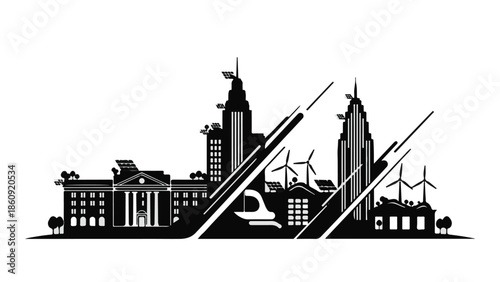 Modern cityscape silhouette showcasing sustainable architecture and wind turbines