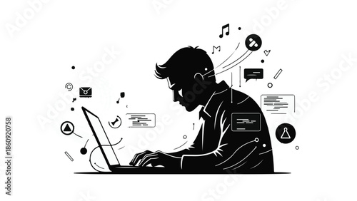 Focused young man coding on a laptop, surrounded by digital information and abstract symbols.