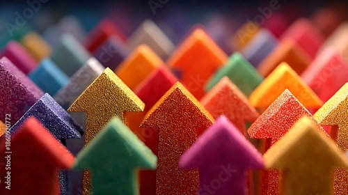 A multitude of colorful glitter arrows pointing upwards in a close-up shot growth