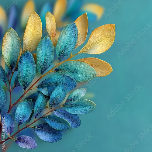 Abstract Branch with Blue and Yellow Textured Leaves image photo