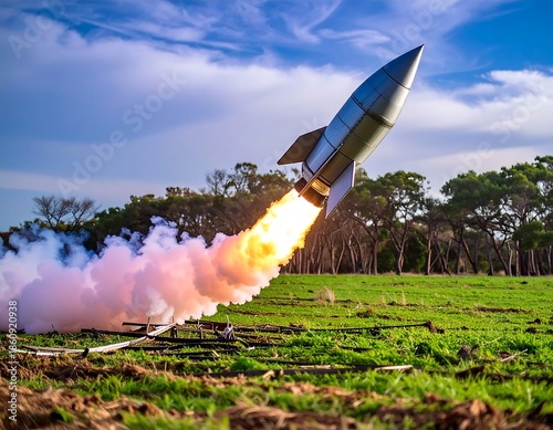 A model rocket launches from a grassy field with bright flames and billowing smoke against a partly cloudy sky