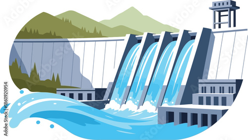 Massive concrete hydroelectric dam structure releasing powerful streams of clear blue water through multiple spillways into a churning river below