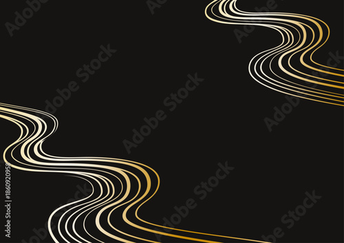 両側を流れる川の流れを表した黒と金の和風背景ベクターイラスト